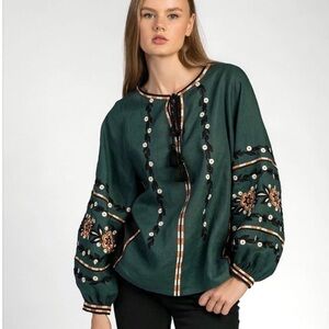 Ukrainian embroidered Forest Green Long Sleeve Blouse